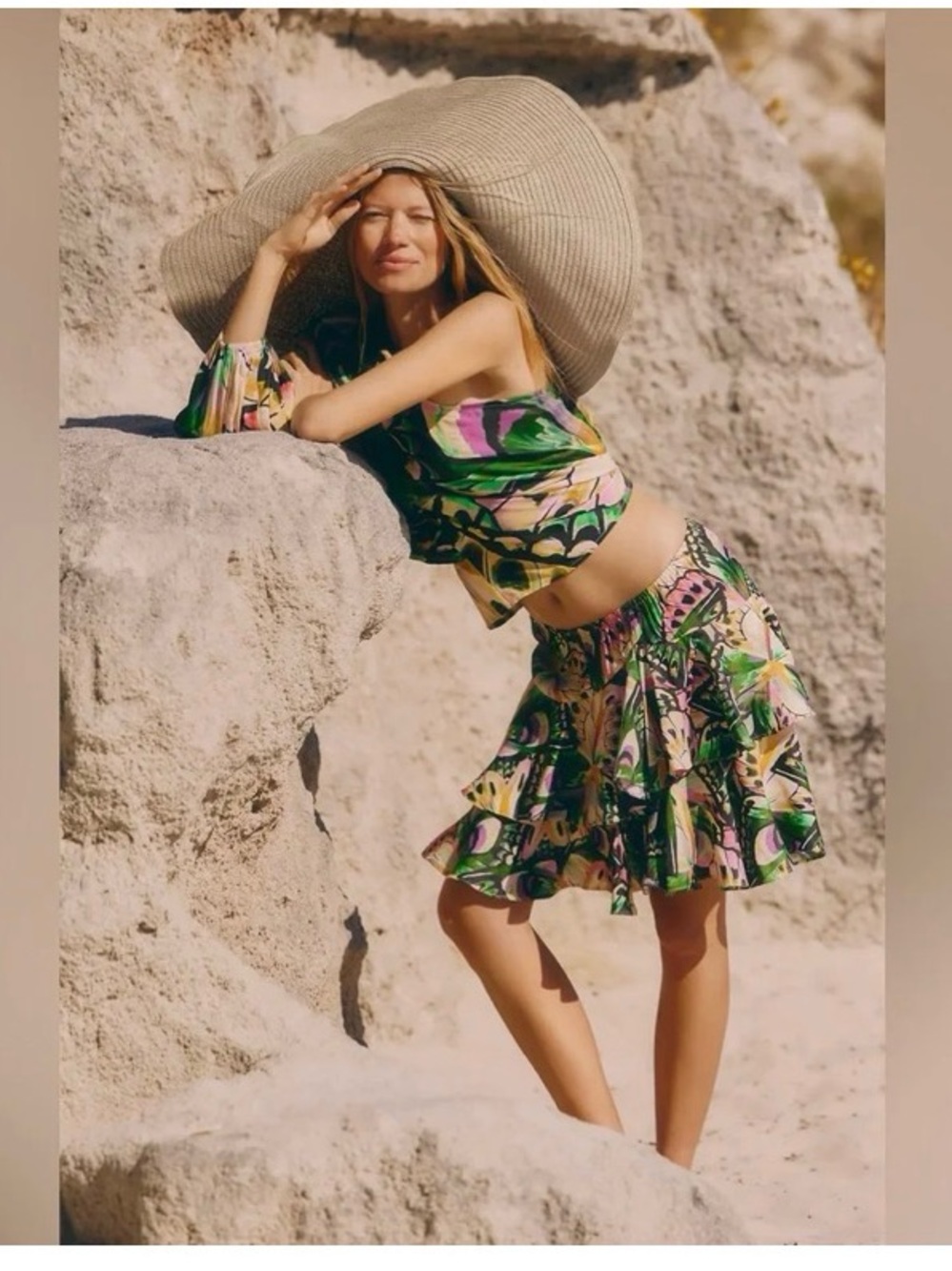 FARM Rio Tropical Asymmetrical Ruffle Mini Skirt in Green and Pink